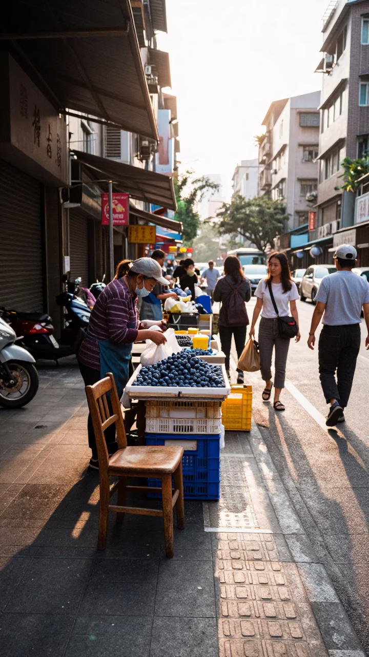 Busy Taipei Street Scene Just After Sunrise with Blueberries and Wooden Chair in in Taipei, Taiwan