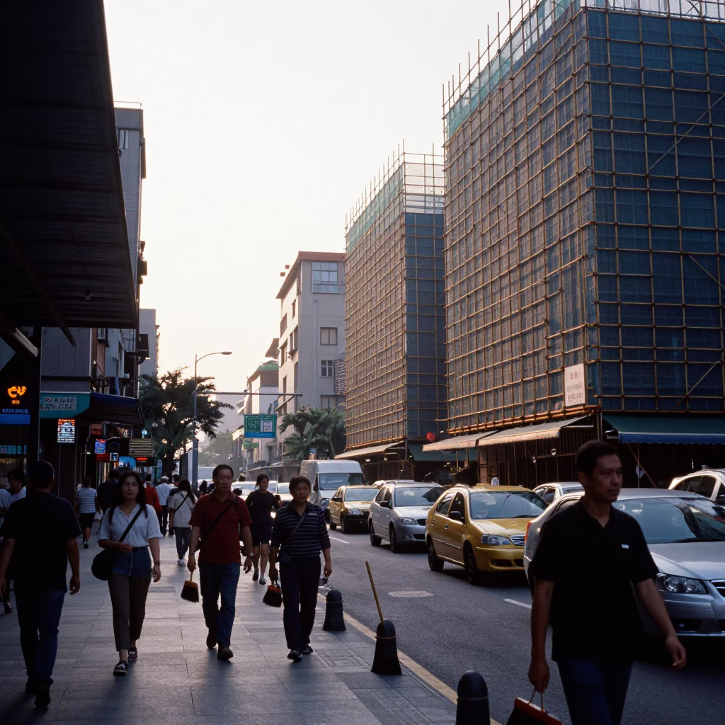 Busy Taipei Street Scene Just After Sunrise With Brooms And Scaffolding Details in in Taipei, Taiwan