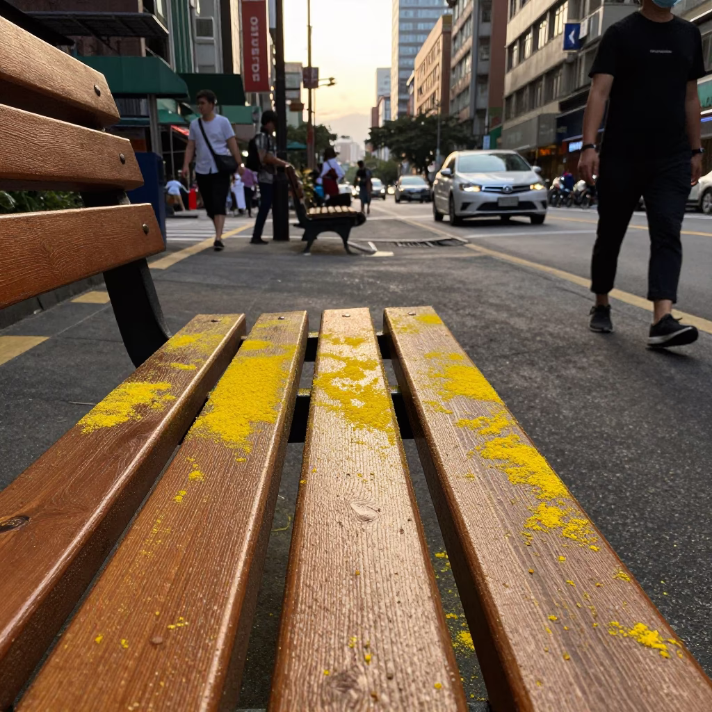 Busy Taipei Street Scene Late Afternoon with Pollen on Wooden Bench Slat in in Taipei, Taiwan
