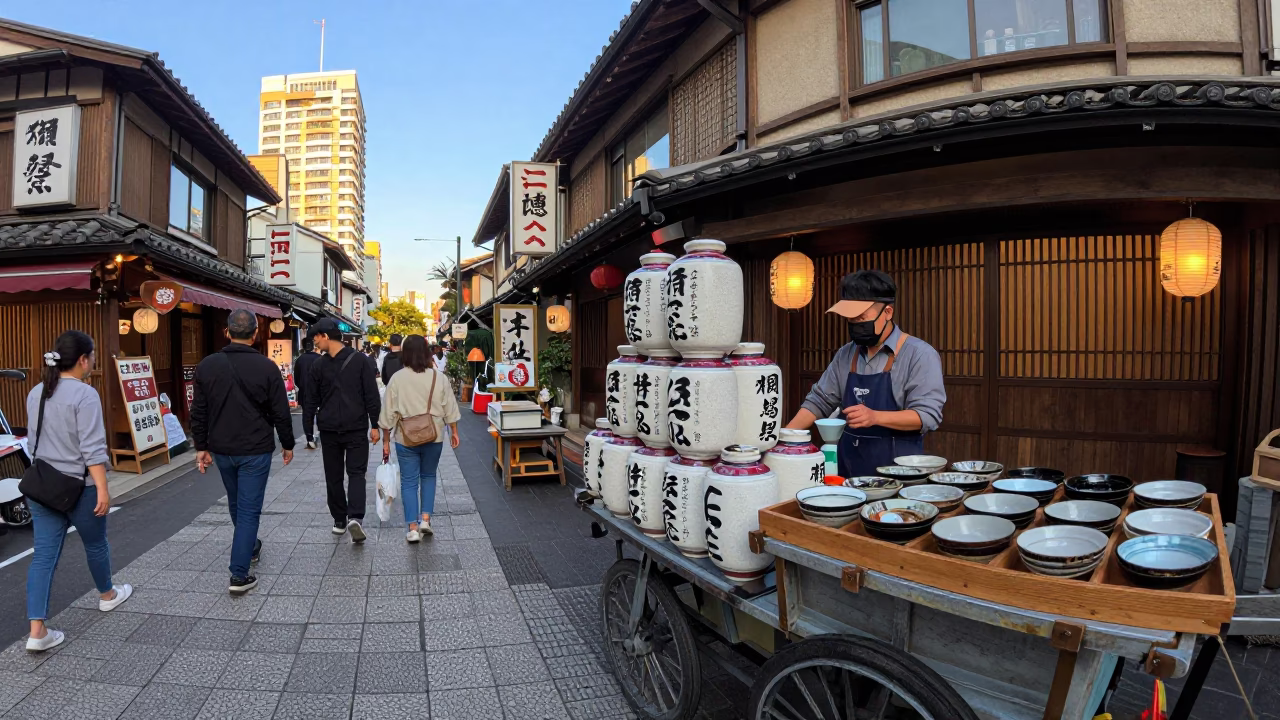 Busy Taipei Street Scene Late Afternoon with Traditional Sake Barrel and Local Commerce in in Taipei, Taiwan