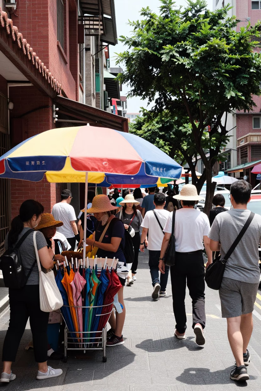 Busy Taipei Street Scene Midday with Umbrella Vendor and Traditional Architecture in in Taipei, Taiwan
