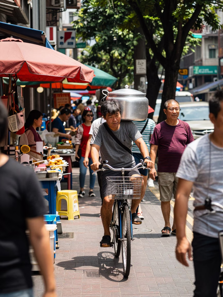 Busy Taipei street scene under noon glare with bicycle and saucepan in in Taipei, Taiwan