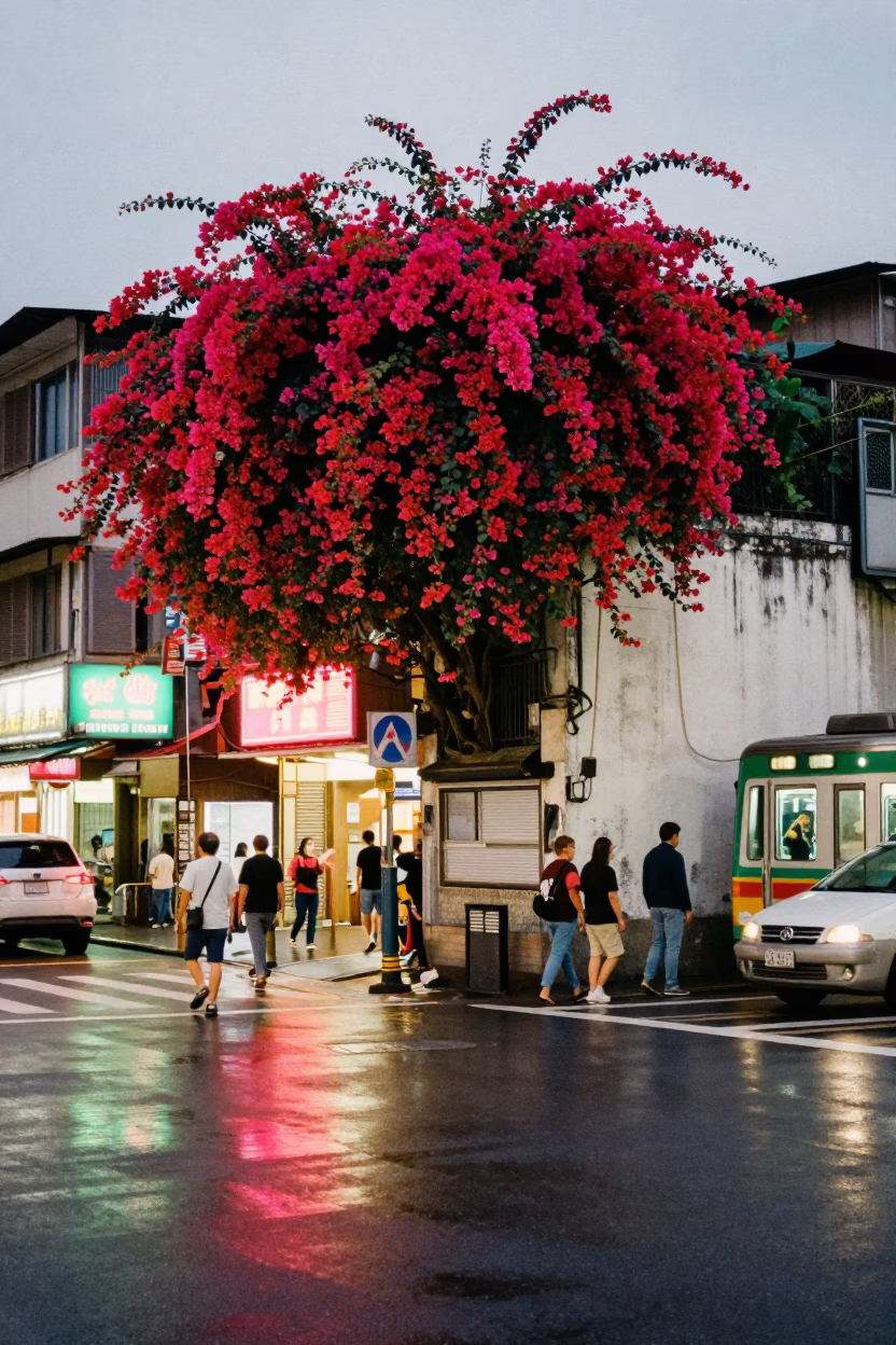 Busy Taipei Street Scene with Bougainvillea and Metro Train in Early Evening in in Taipei, Taiwan