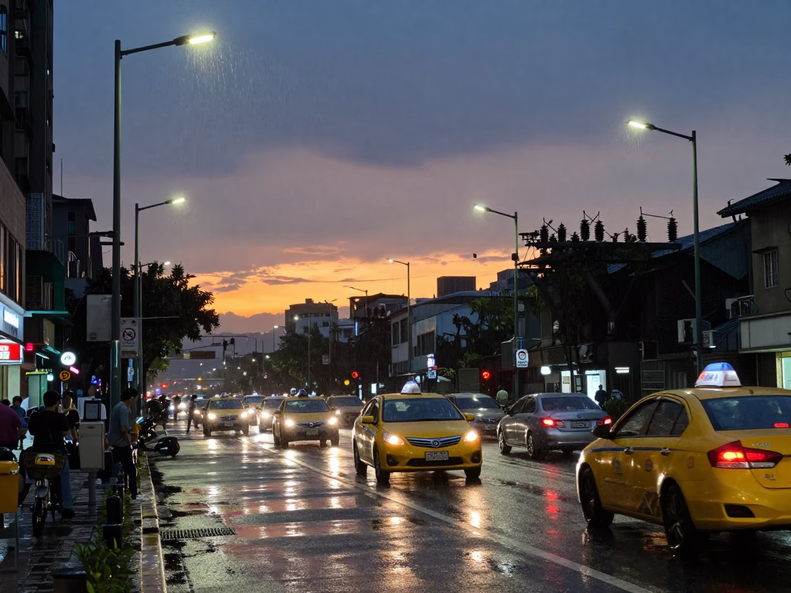 Busy Taipei Street Scene with Yellow Taxi and Rain Under Dusk Lights in in Taipei, Taiwan