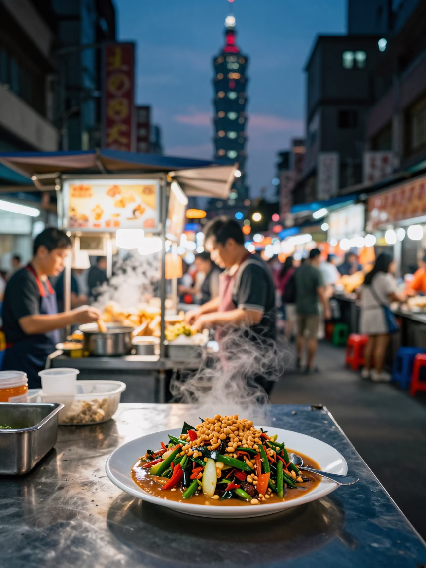 Busy Taipei Street Stall at Dusk with Gado-Gado and Bread Loaves in in Taipei, Taiwan