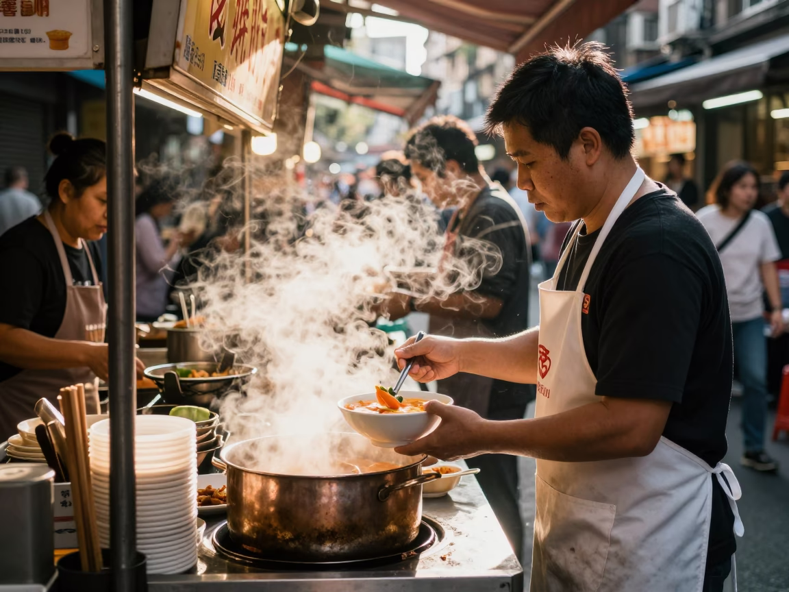 Busy Taipei Street Stall Late Morning with Steam and Local Diners in in Taipei, Taiwan