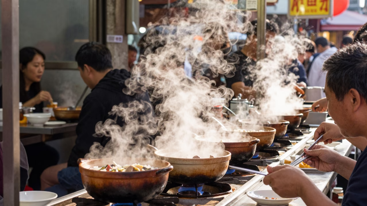 Busy Taipei Street Stall Serving Claypot Rice with Chinese Sausage in Early Afternoon Sunlight in in Taipei, Taiwan
