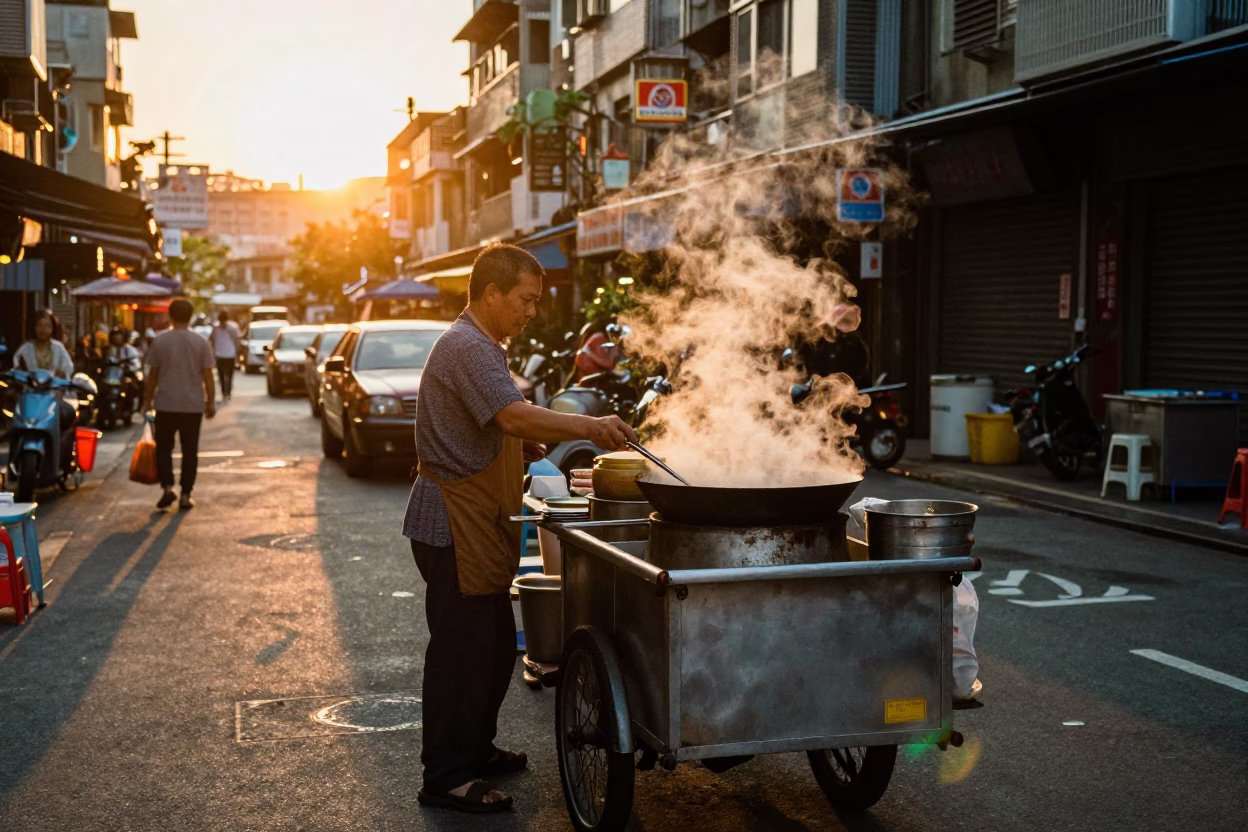 Busy Taipei Street Vendor Cooking at Sunset with Woks and Steam in in Taipei, Taiwan