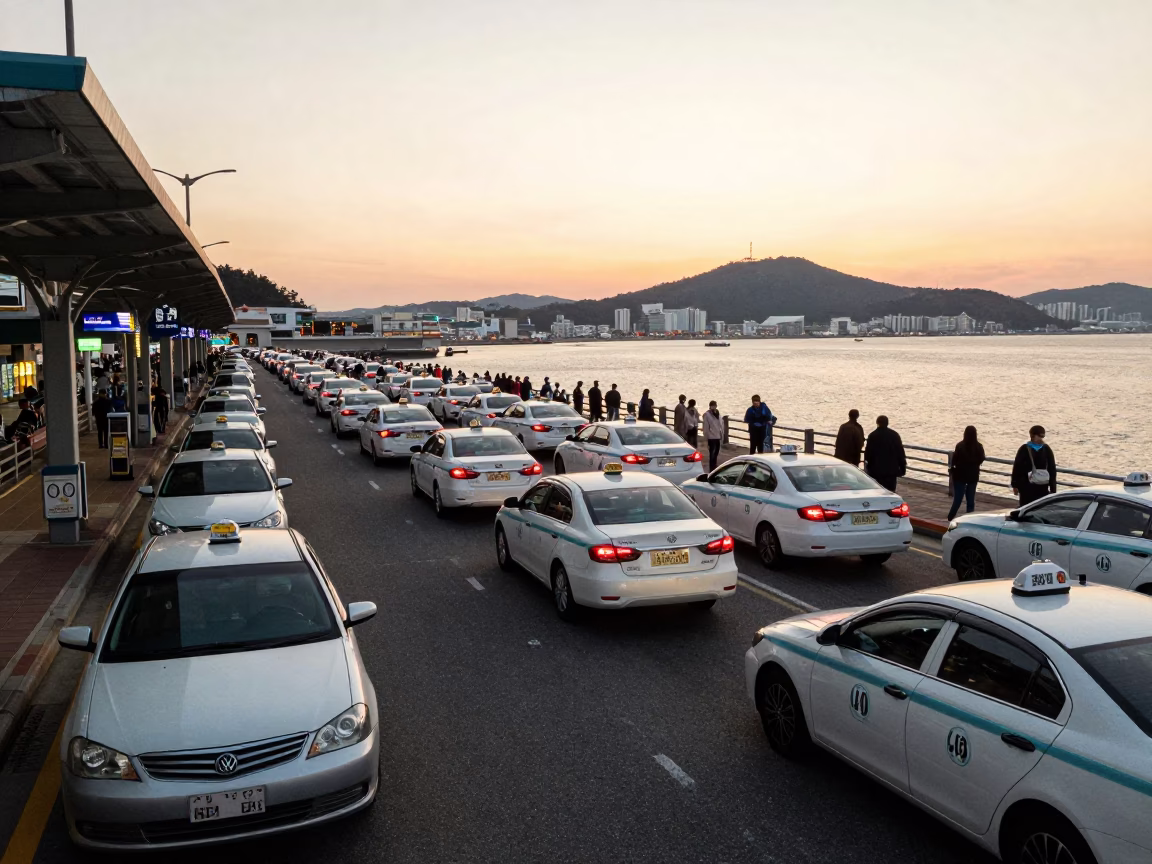 Busy Taxi Rank Outside Busan Station at Sunset with Umbrellas and Urban Life in in Busan, South Korea