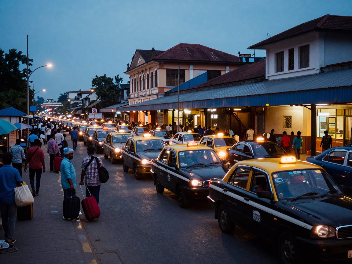Busy Taxi Rank Outside Kochi Train Station at Twilight with Yellow Cabs and Pedestrians in in Kochi, India