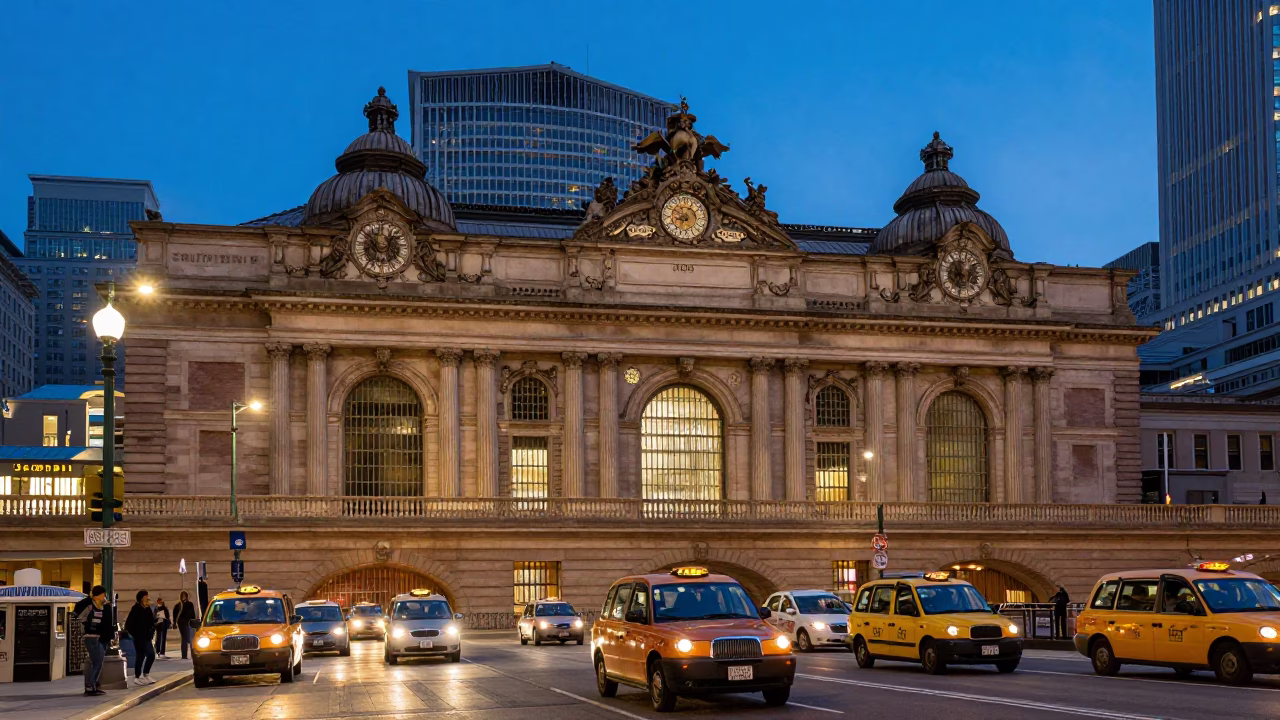 Busy Taxi Rank Outside South Station Boston Massachusetts at Blue Hour Twilight in in Boston, Massachusetts, United States