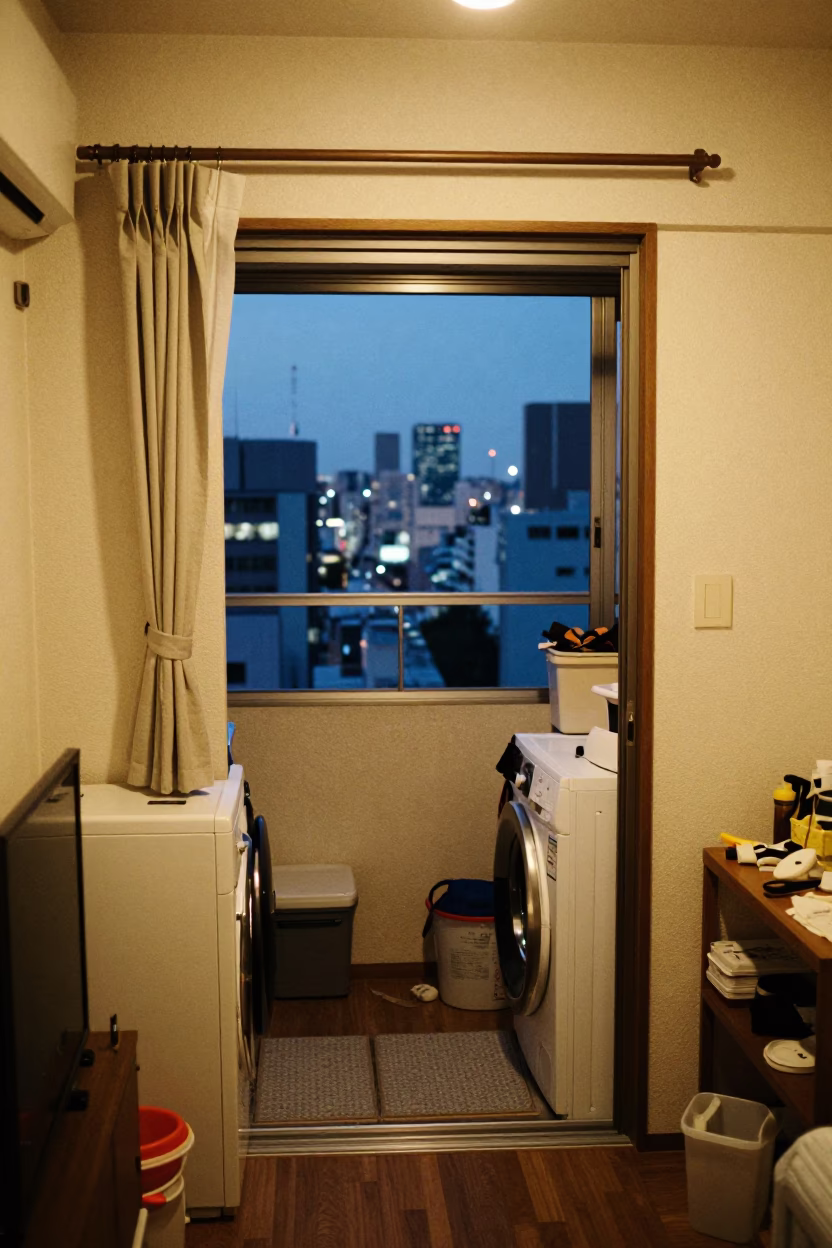 Busy Tokyo Apartment Interior at Blue Hour with Laundry and City View in in Tokyo, Japan