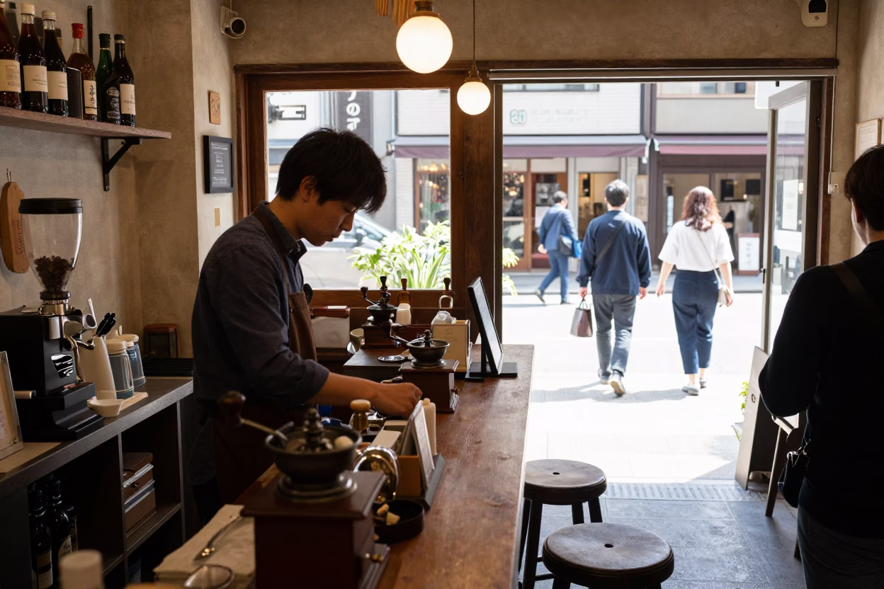 Busy Tokyo Cafe Counter with Vintage Coffee Grinder and Urban Midday Street Life in in Tokyo, Japan