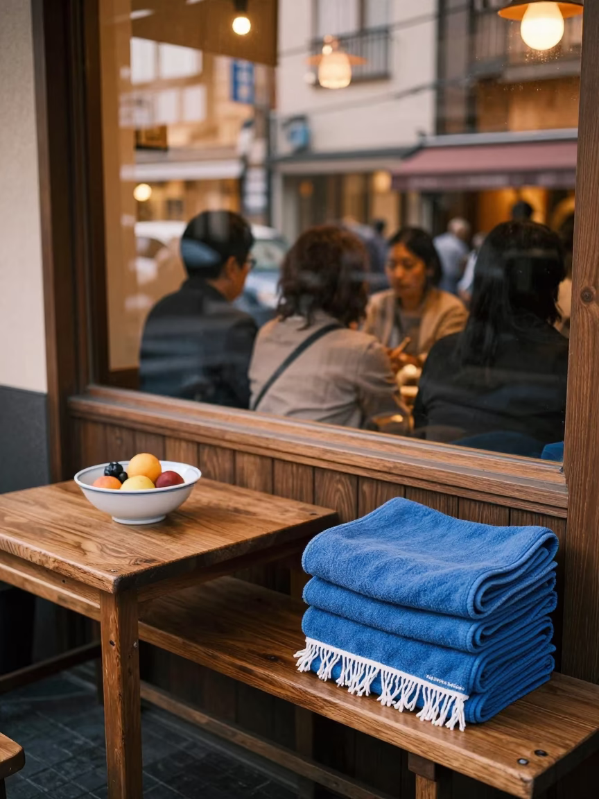 Busy Tokyo Cafe Evening Honeyed Light Drying Towels Blue Porcelain Bowl in in Tokyo, Japan