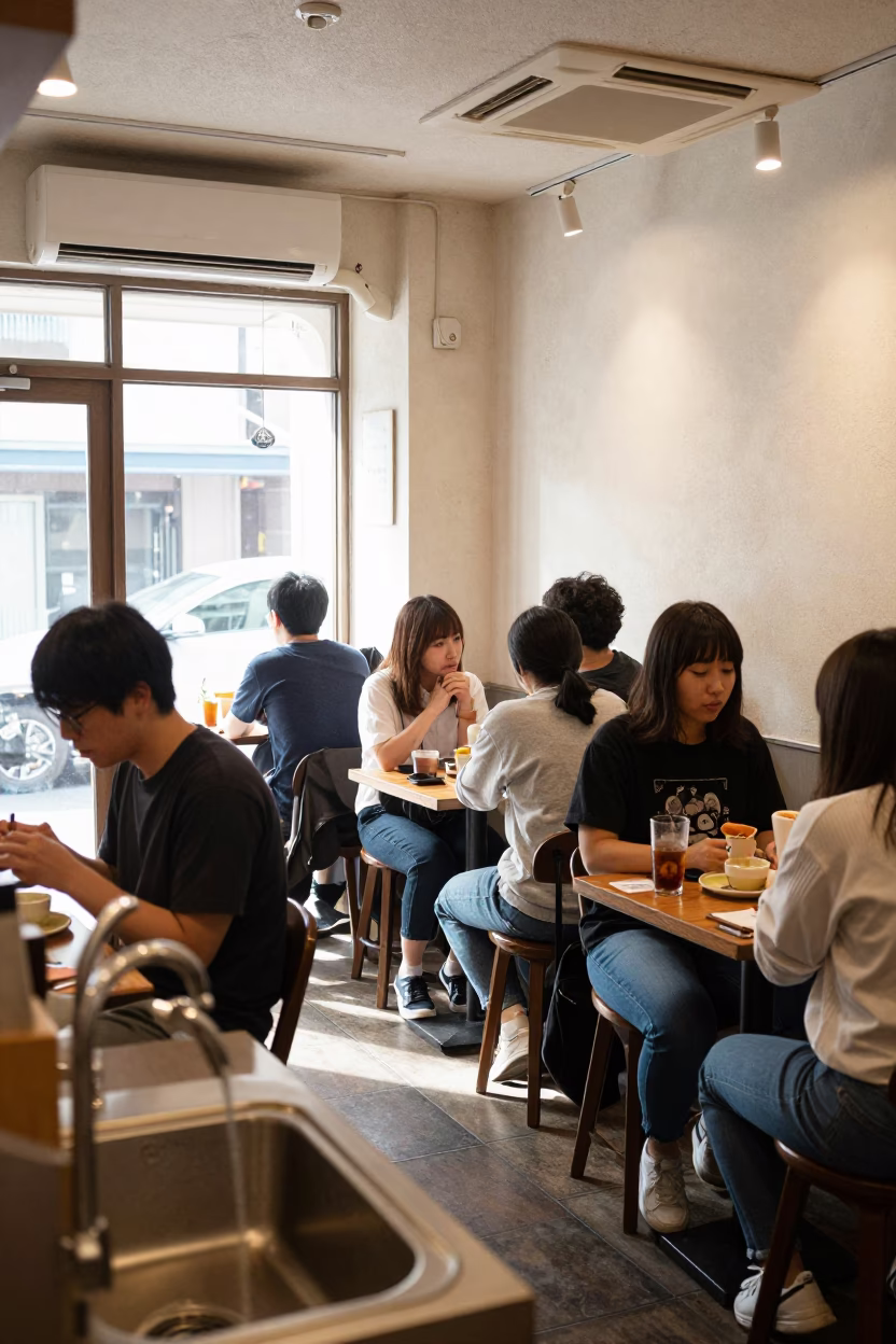 Busy Tokyo Cafe Interior with Wash Basin and Casual Afternoon Dining Scene in in Tokyo, Japan
