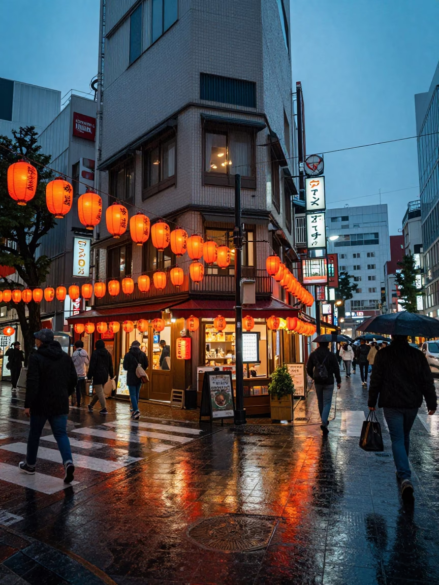 Busy Tokyo Dusk Street Corner Under Light Rain with Paper Lanterns in in Tokyo, Japan
