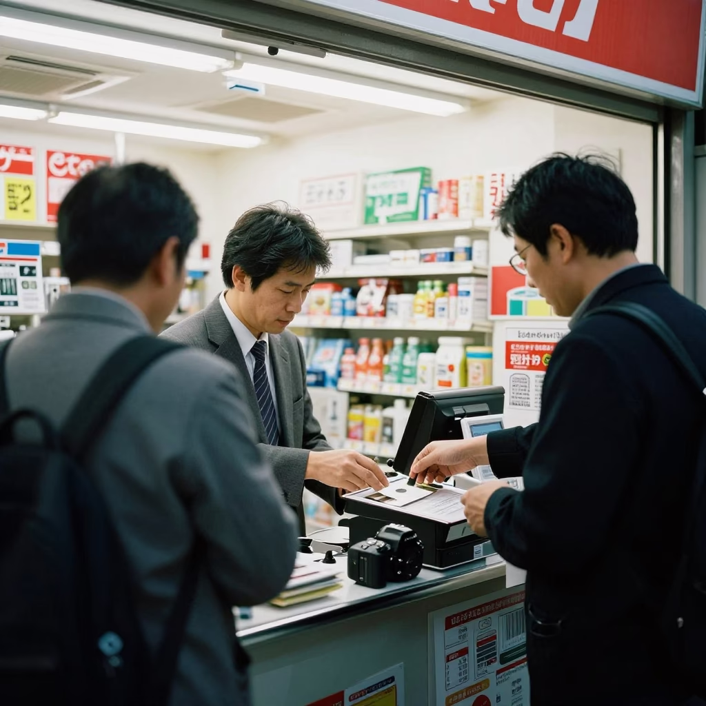 Busy Tokyo Evening Convenience Store Counter with Customer and Staff Interaction in in Tokyo, Japan
