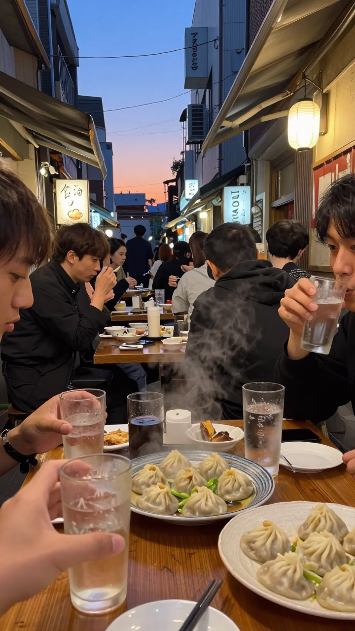 Busy Tokyo Evening Street Scene with Glass Tumblers and Xiaolongbao at Sunset in in Tokyo, Japan