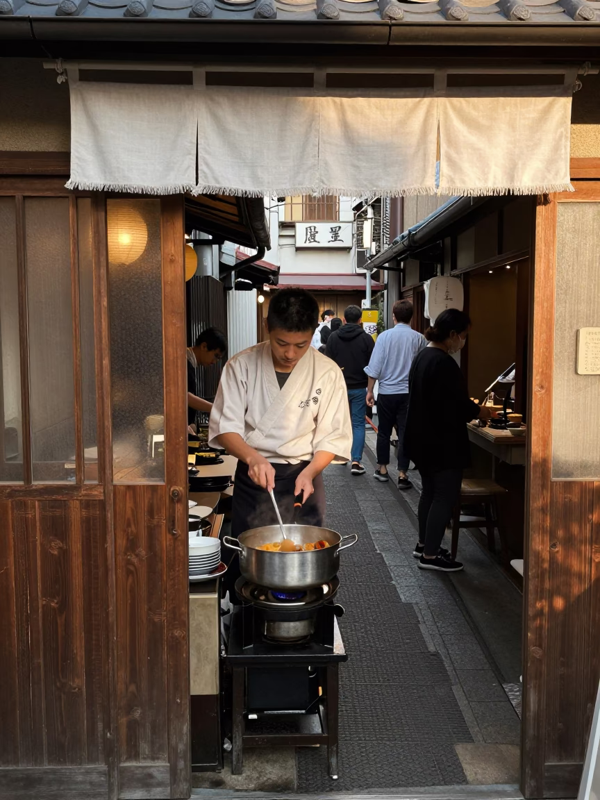 Busy Tokyo Late Afternoon Street Scene with Linen Fringe and Saucepan in Kitchen Window in in Tokyo, Japan