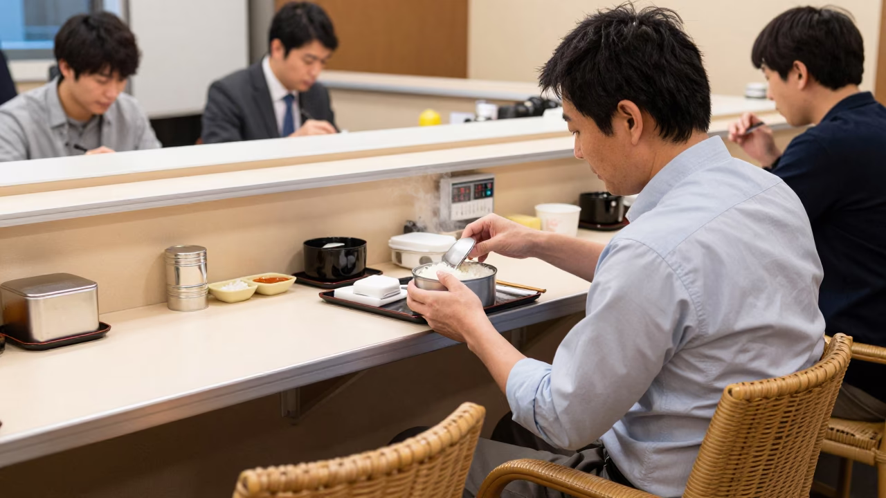 Busy Tokyo Lunch Counter with Tiffin Tin and Rattan Chair in in Tokyo, Japan