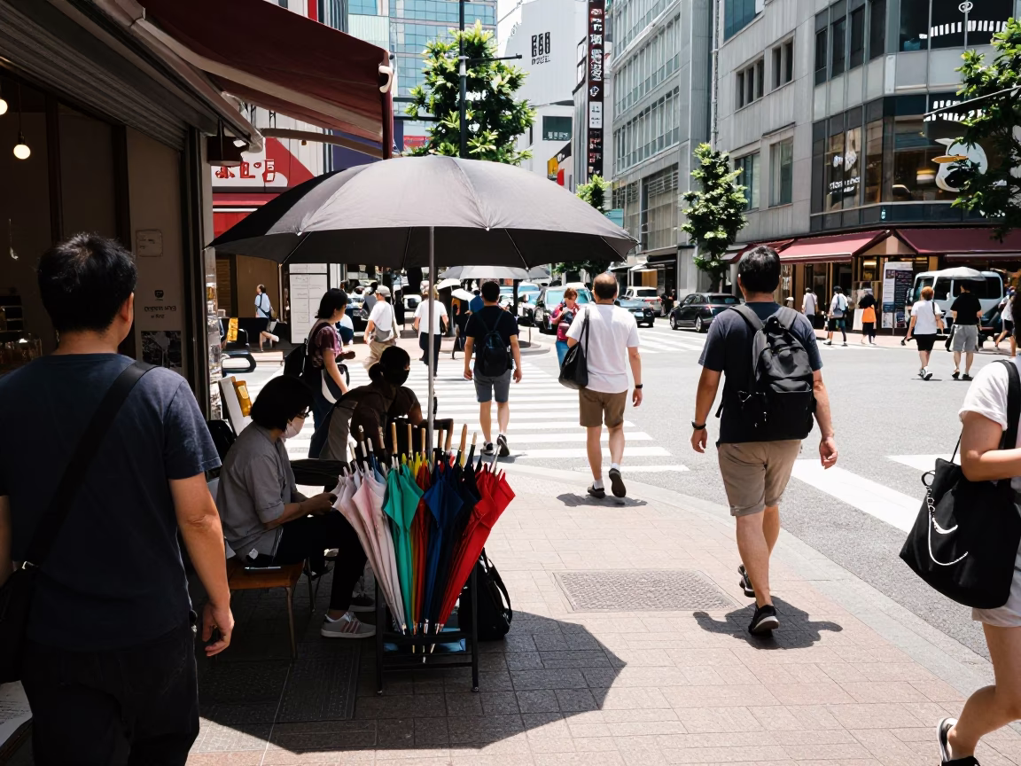 Busy Tokyo Midday Street Scene with Umbrella Stand and Local Pedestrians in in Tokyo, Japan