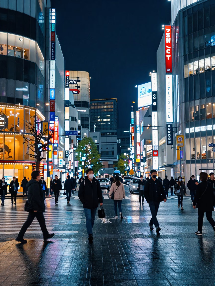 Busy Tokyo Night Street Scene with Neon Lights and Pedestrians Under Deep Night Sky in in Tokyo, Japan