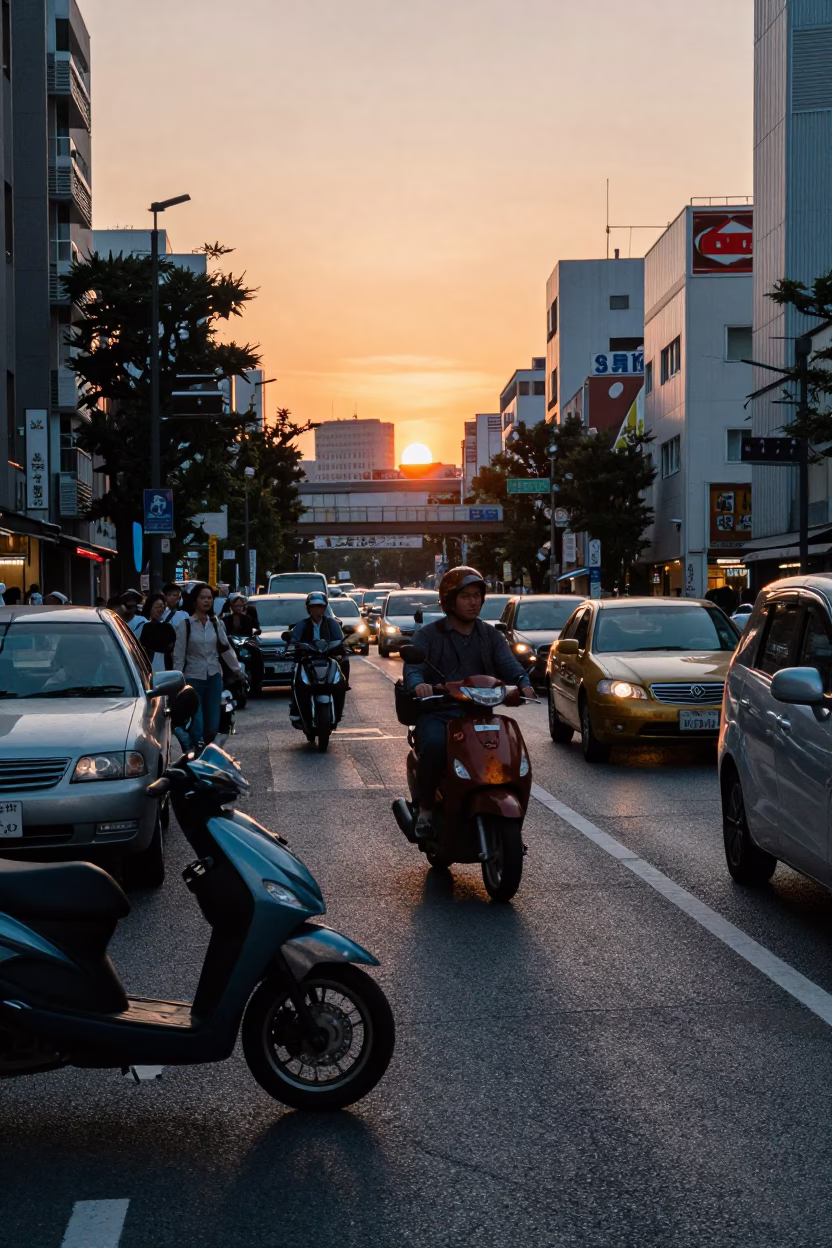 Busy Tokyo Street at Dusk with Scooter and Rusty Cabinet Latch Detail in in Tokyo, Japan