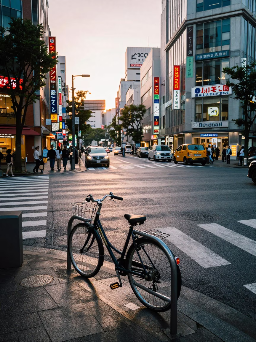 Busy Tokyo Street Corner After Sunrise With Bicycle Rack And Urban Details in in Tokyo, Japan