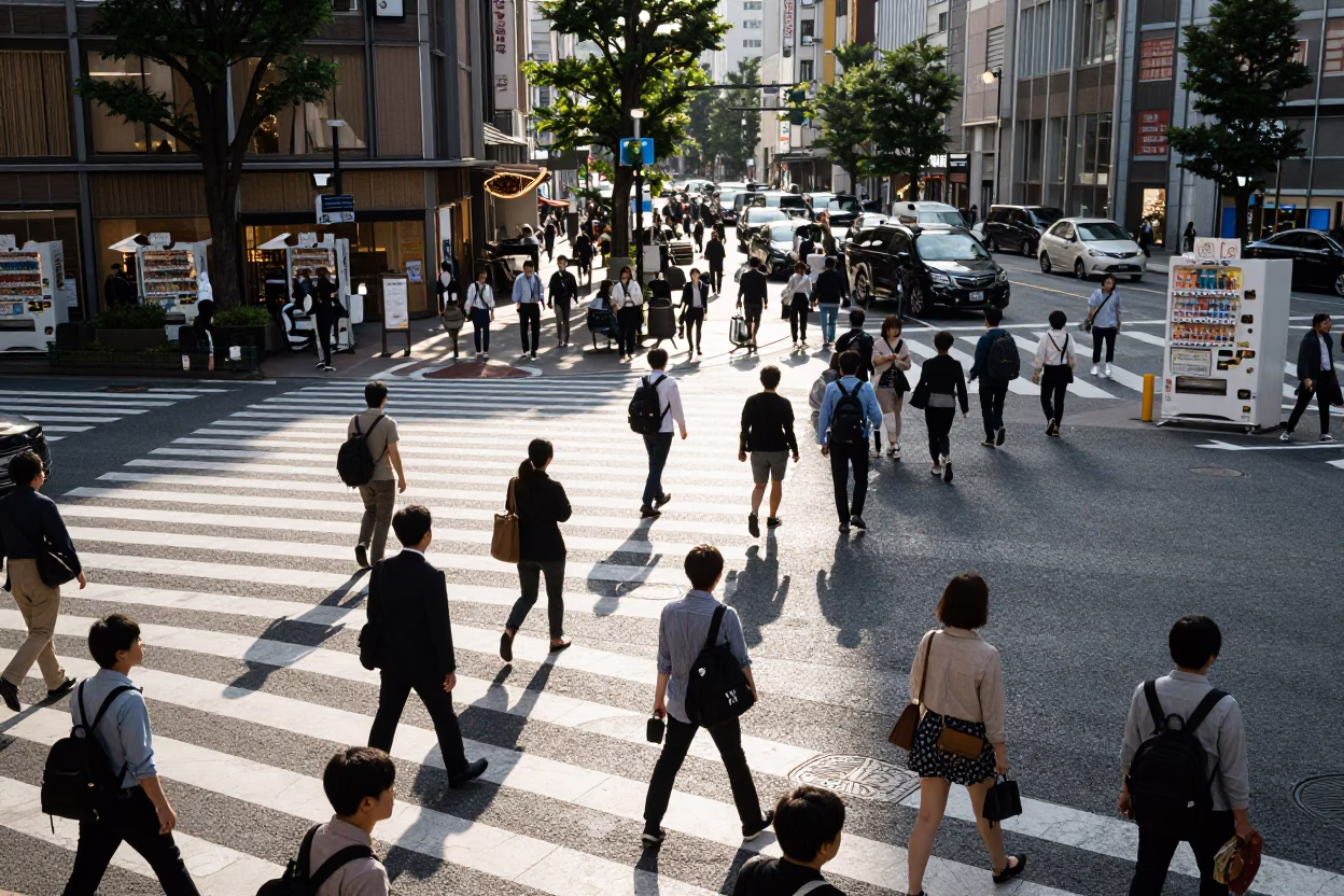 Busy Tokyo Street Corner Afternoon Pedestrians and Vending Machines in in Tokyo, Japan