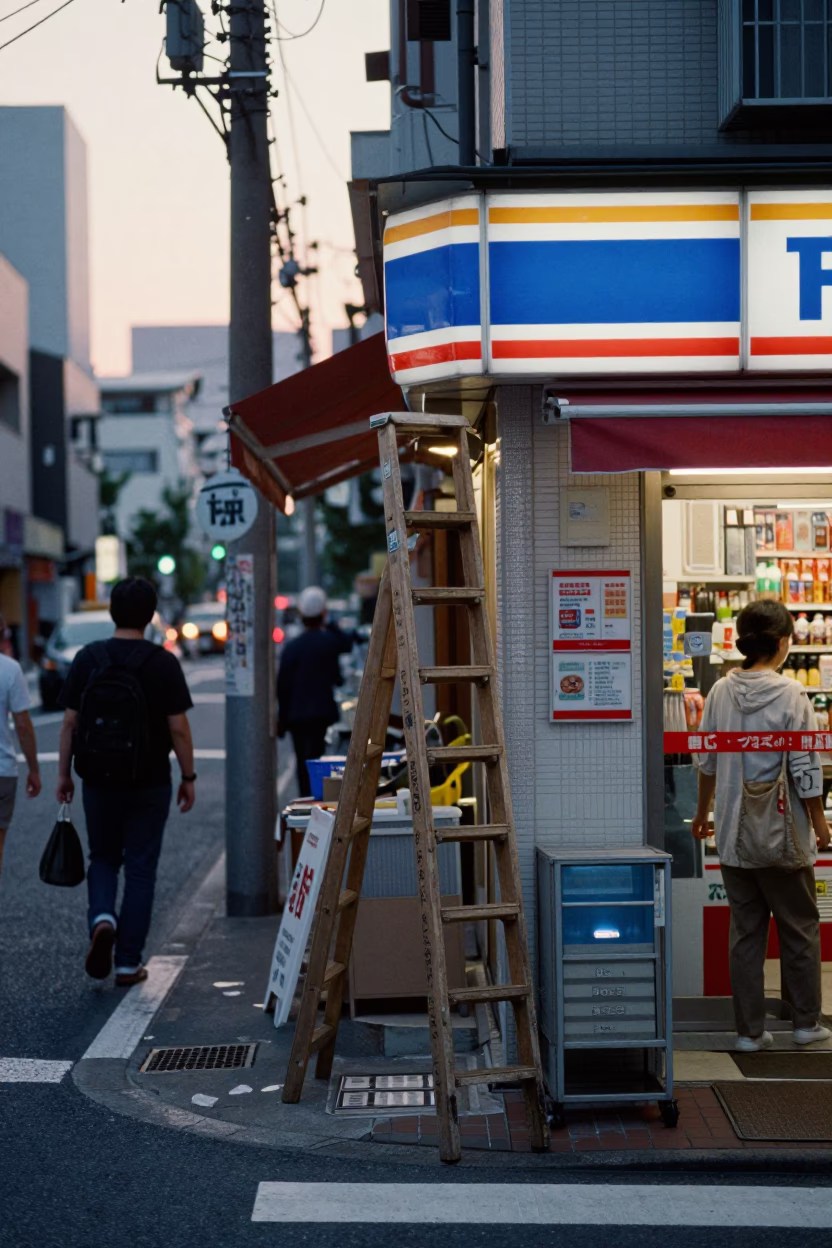 Busy Tokyo Street Corner at Dawn with Wooden Ladder and Suburban Train Blur in in Tokyo, Japan