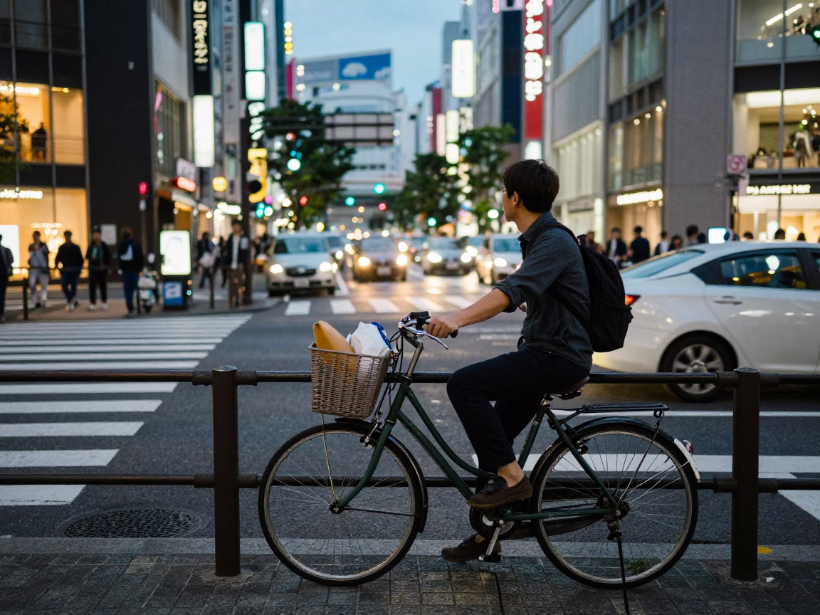 Busy Tokyo Street Corner at Dusk with Bicycle Basket and Neon Lights in in Tokyo, Japan