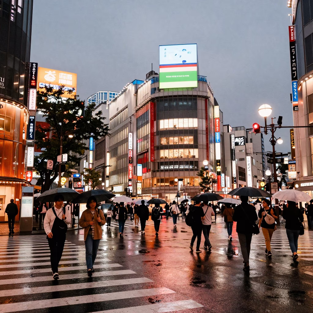 Busy Tokyo Street Corner at Dusk with Neon Lights and Pedestrians in in Tokyo, Japan