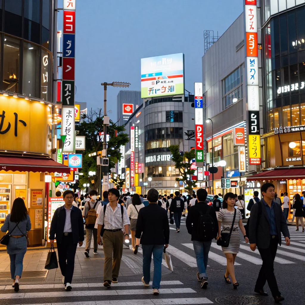 Busy Tokyo Street Corner at Dusk with Neon Signs and Construction Equipment in in Tokyo, Japan