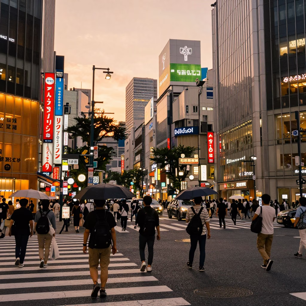 Busy Tokyo Street Corner at Dusk with Neon Signs and Pedestrians in in Tokyo, Japan
