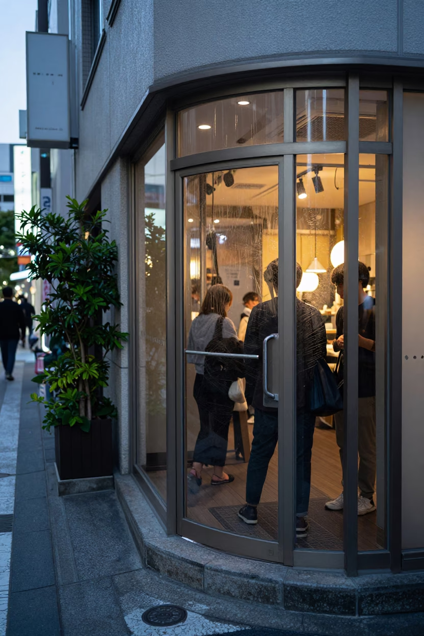 Busy Tokyo Street Corner at Early Evening with Plant Pot and Scratched Window Glass in in Tokyo, Japan
