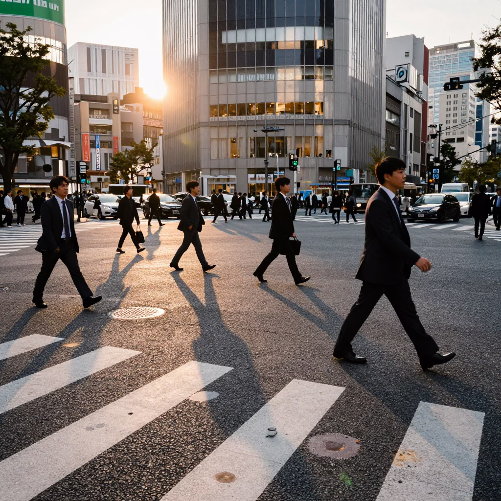 Busy Tokyo Street Corner at Golden Hour with Carafe and Tea Stains in in Tokyo, Japan