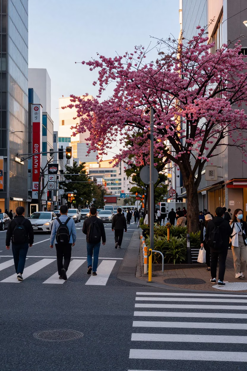 Busy Tokyo Street Corner at Golden Hour with Dogwood Tree and Pedestrians in in Tokyo, Japan