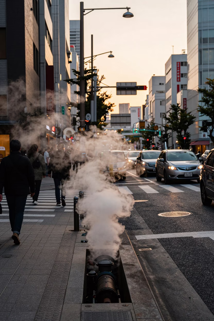 Busy Tokyo Street Corner at Golden Hour with Steam Vents and Traffic in in Tokyo, Japan