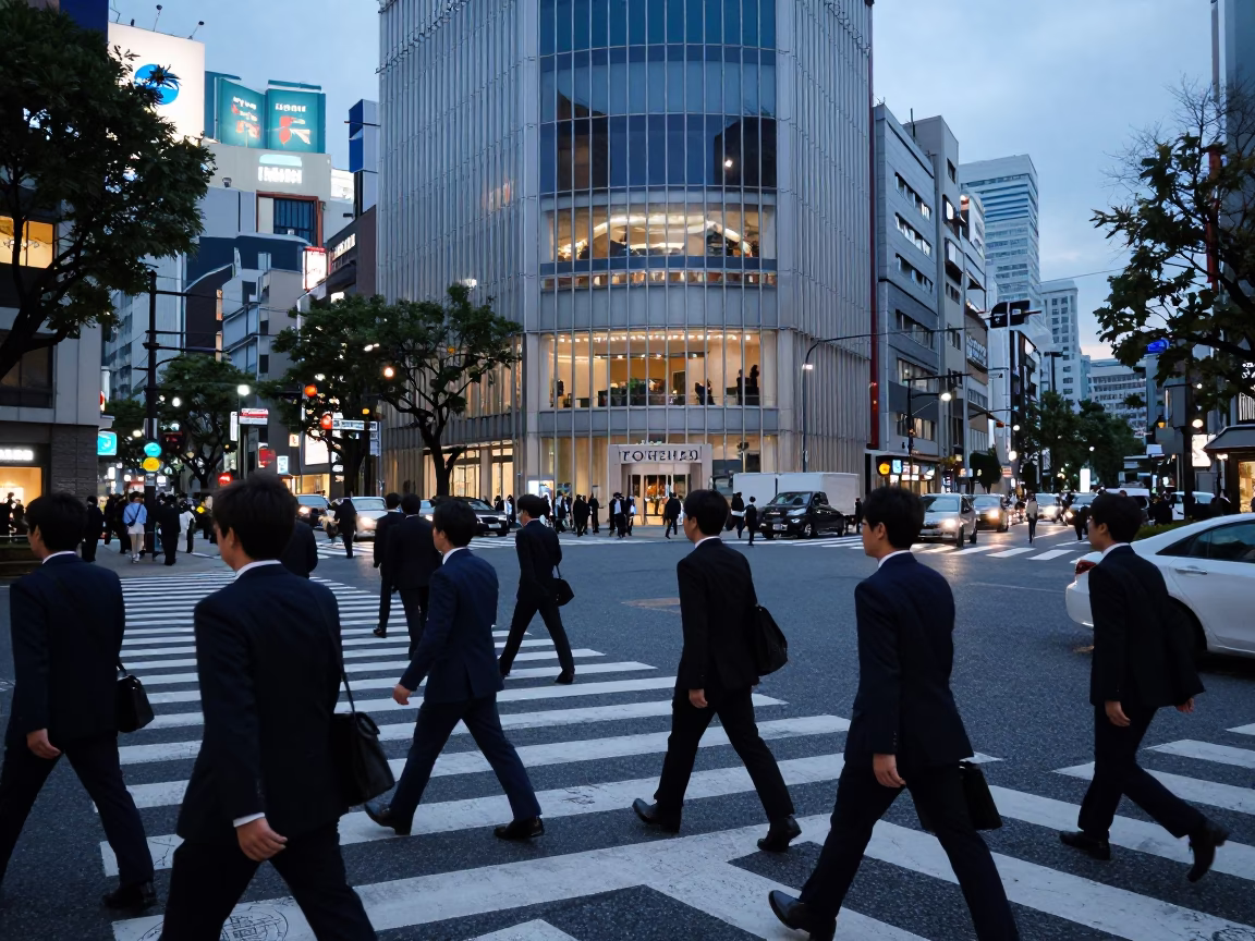 Busy Tokyo Street Corner at Nautical Dawn with Commuters and Urban Life in in Tokyo, Japan