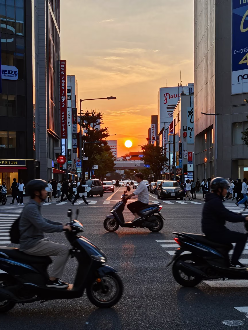 Busy Tokyo Street Corner at Sunset with Scooter and Cable Car View in in Tokyo, Japan