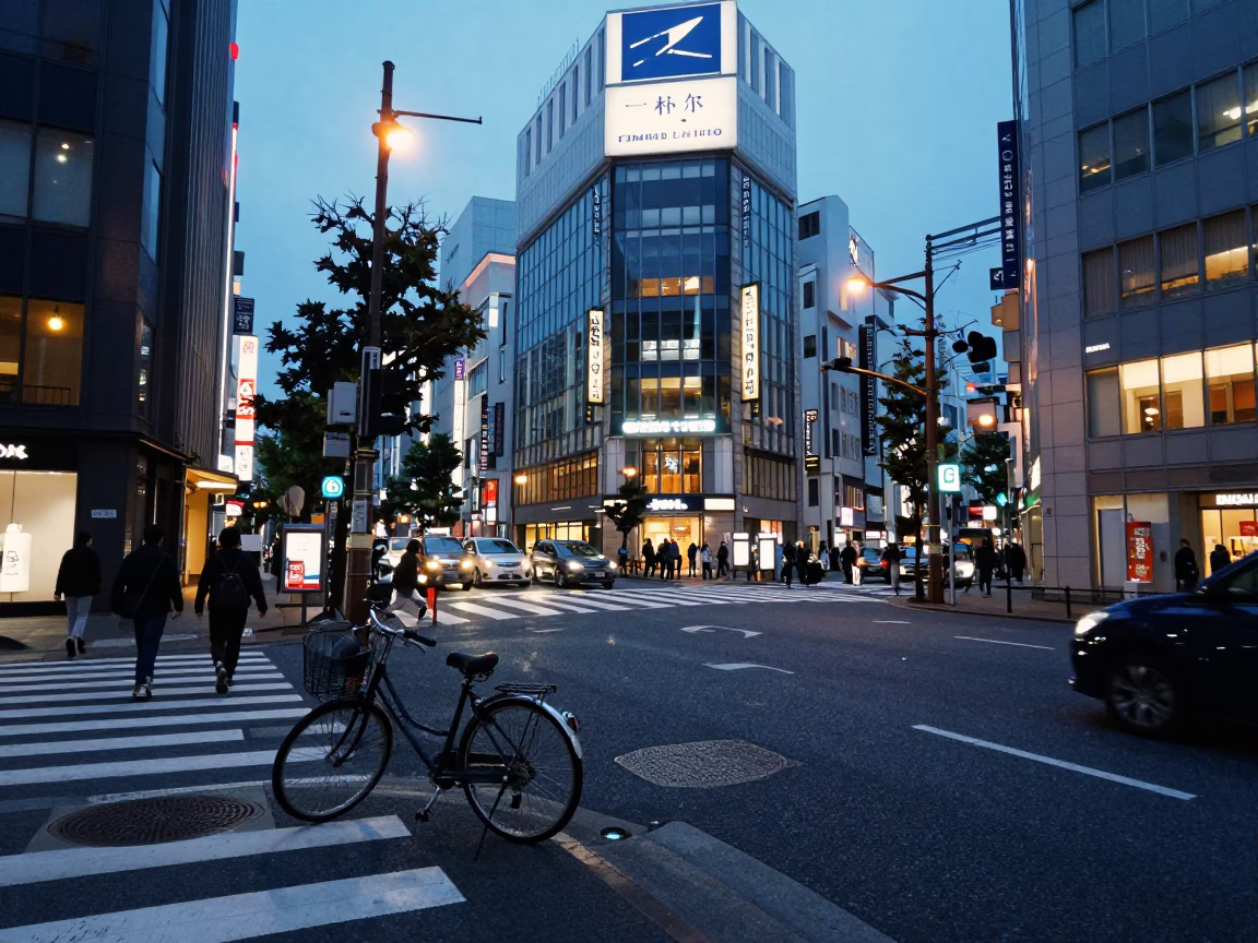 Busy Tokyo Street Corner Before Sunrise with Bicycle and Shop Window in in Tokyo, Japan