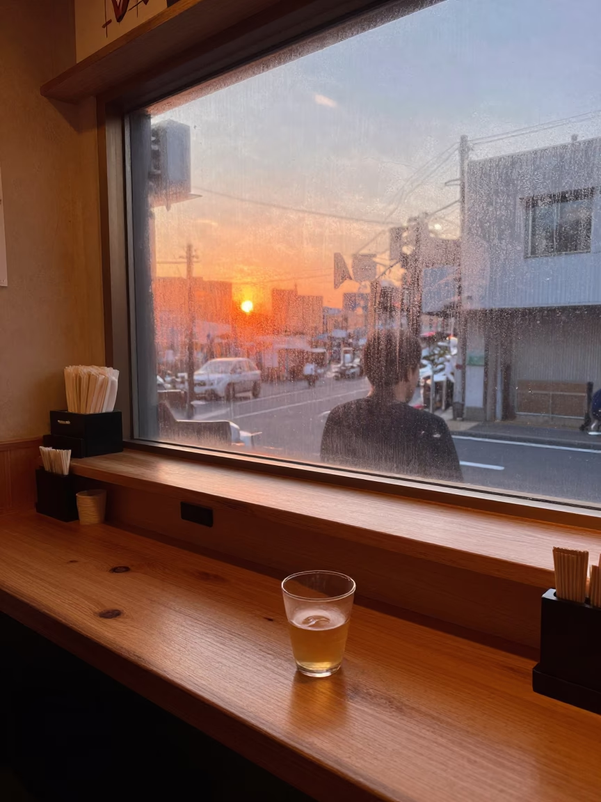 Busy Tokyo Street Corner Diner Interior with Copper Dusk Light and Glassware in in Tokyo, Japan