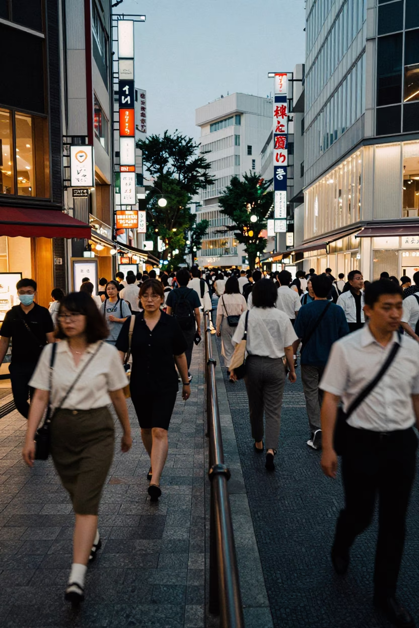 Busy Tokyo Street Corner Early Evening with Stair Rail and Storage Tins in in Tokyo, Japan