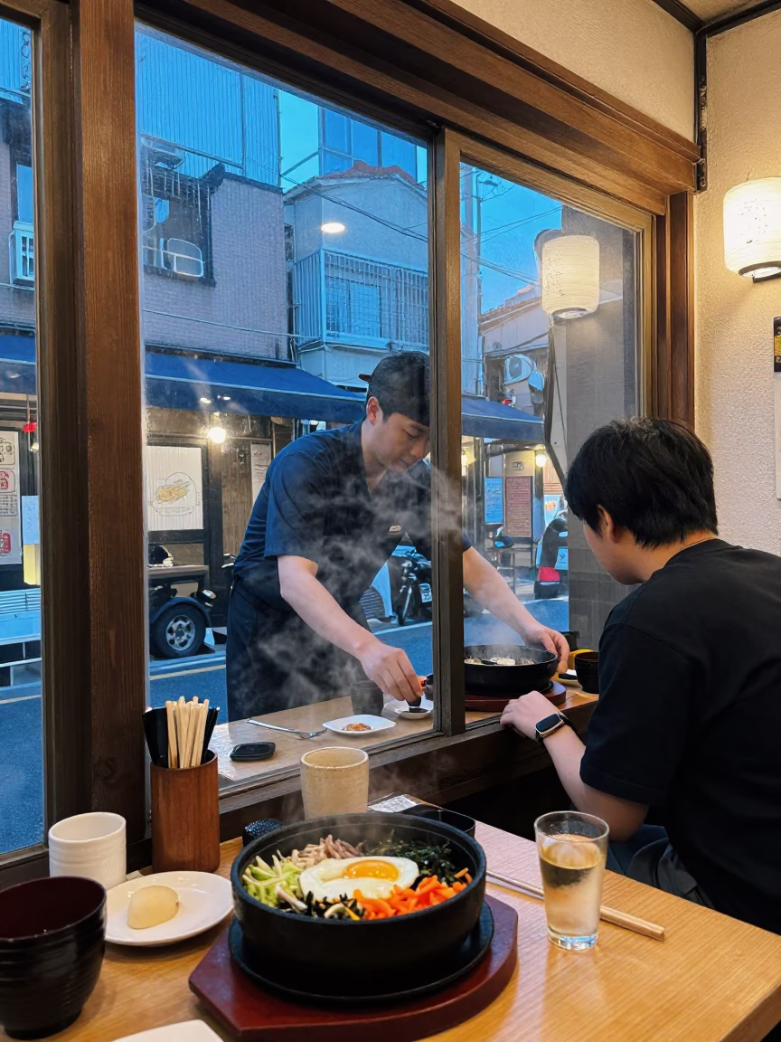 Busy Tokyo Street Corner Evening Diner with Bibimbap and Skillet in in Tokyo, Japan