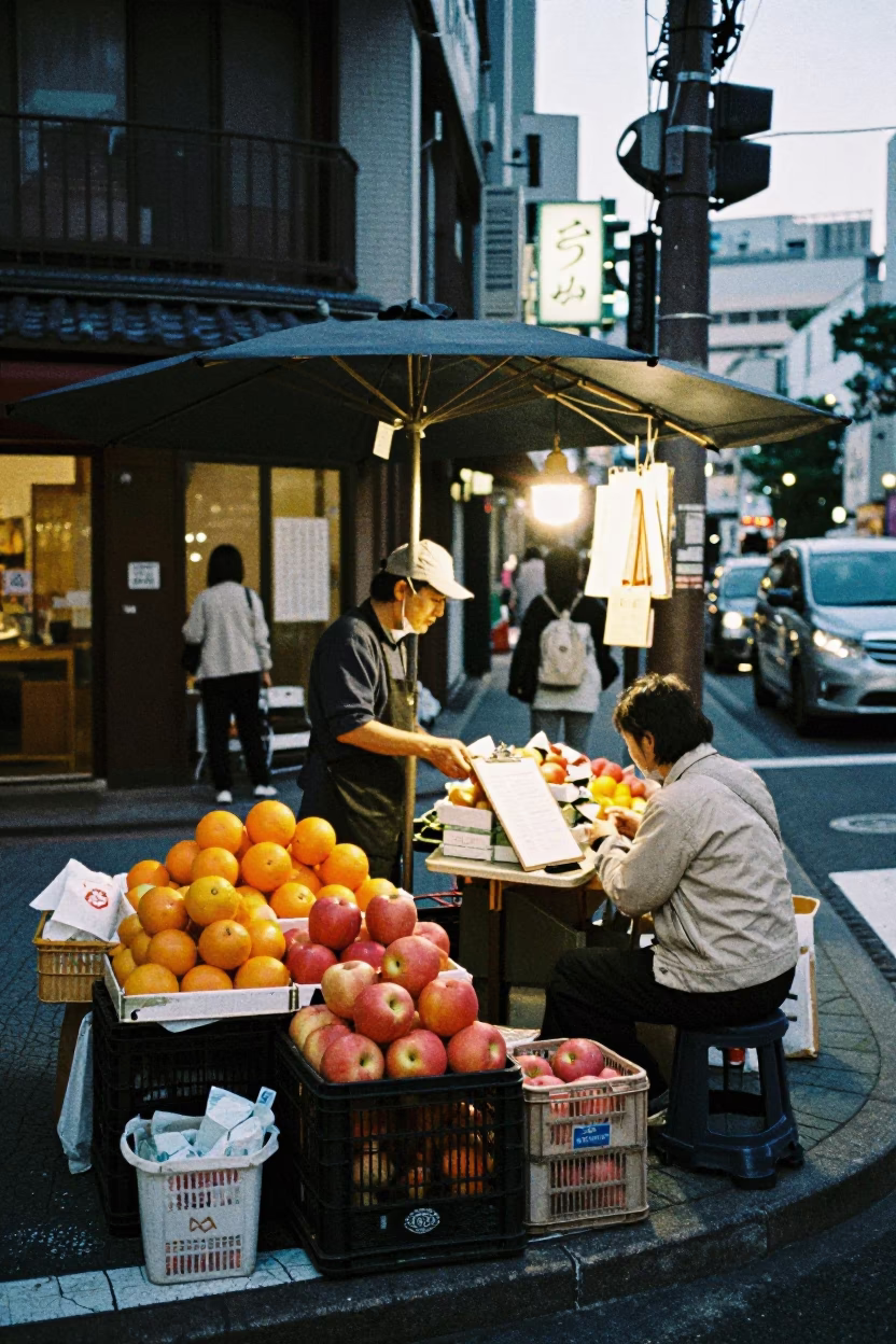 Busy Tokyo Street Corner Evening with Fruit Stand and Clipboard Vendor in in Tokyo, Japan
