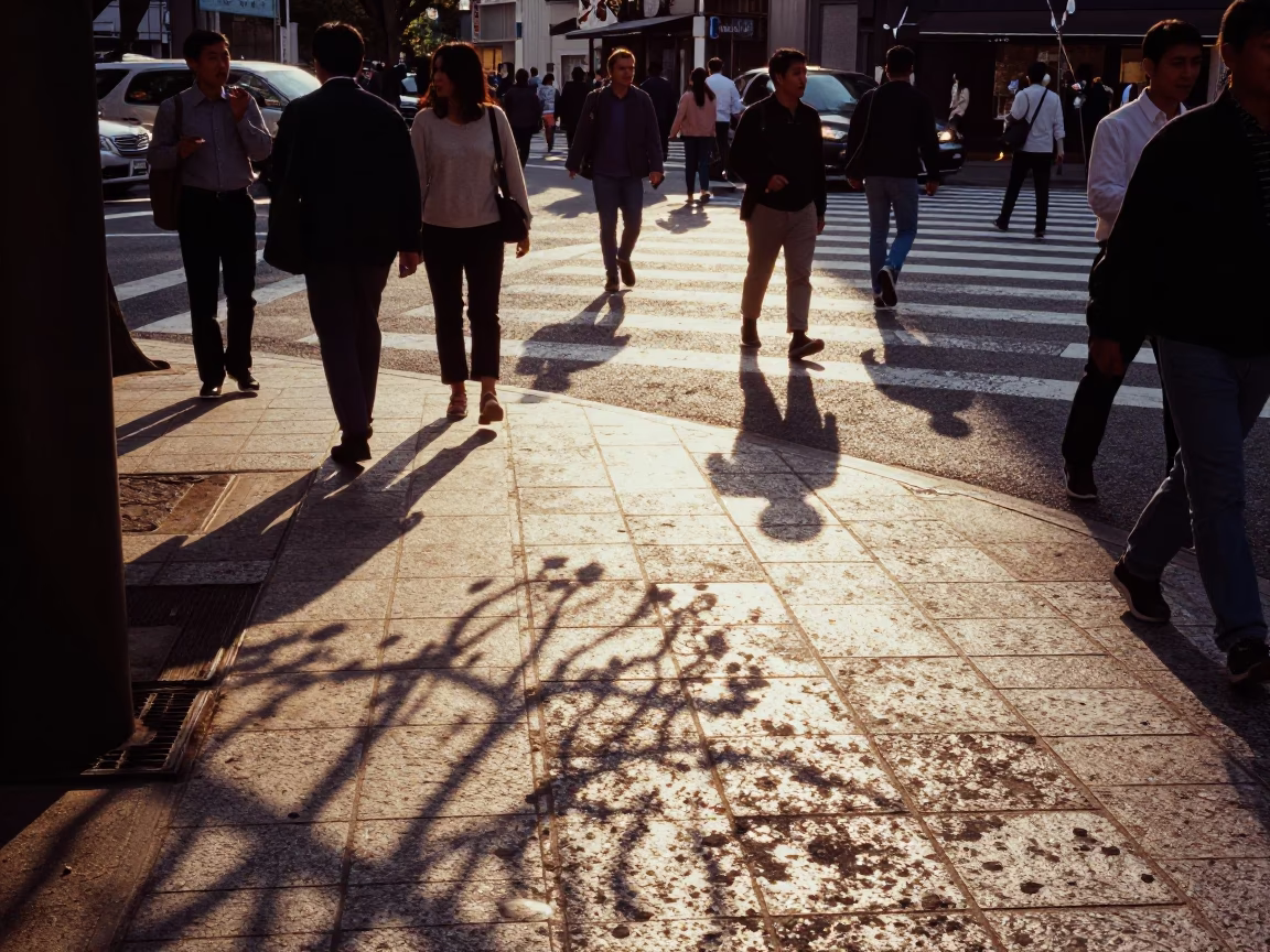 Busy Tokyo Street Corner Late Afternoon with Wicker Shadows and Traditional Pitcher in in Tokyo, Japan
