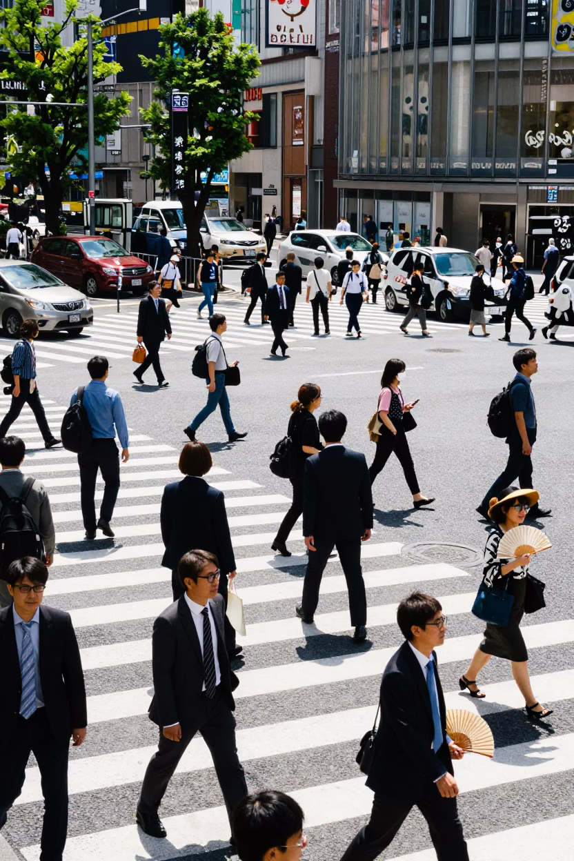 Busy Tokyo Street Corner Midday Pedestrians and Urban Details in in Tokyo, Japan