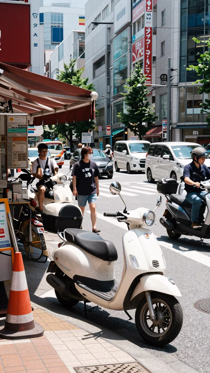Busy Tokyo Street Corner Midday Scene with Vintage Scooter and Urban Details in in Tokyo, Japan