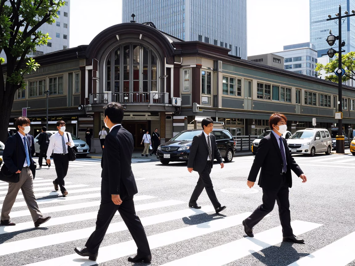 Busy Tokyo Street Corner Noon Light with Pedestrians and Urban Architecture in in Tokyo, Japan