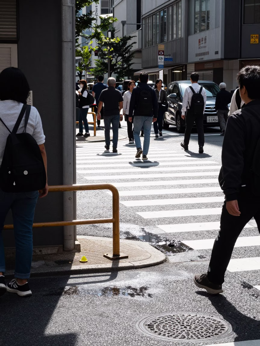 Busy Tokyo Street Corner Under Flat Noon Glare with Turnbuckle and Urban Detail in in Tokyo, Japan